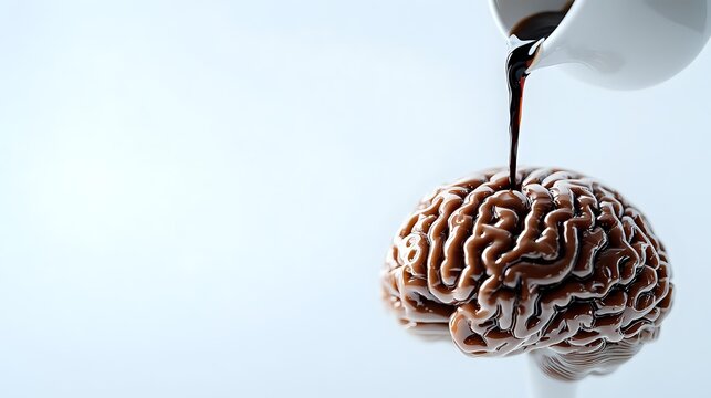 Coffee pouring from white cup onto brain-shaped object, creating visual metaphor for caffeine's effect on mental stimulation and cognitive function.