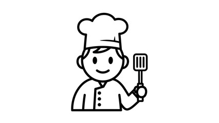 Cartoon chef in a white hat holding a spatula, smiling, with a kitchen background, perfect for culinary themes