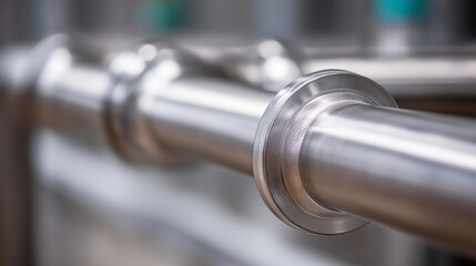 Closeup of shiny stainless steel pipe with fittings in industrial setting showcasing plumbing engineering fluid systems durability and modern construction materials for pipelines,