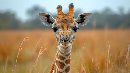 Young giraffe with curious expression in golden savanna grassland, showcasing distinctive pattern and large ears against blurred natural background.