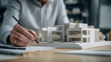 Architect's hand sketches on blueprints beside a detailed architectural model of a modern building