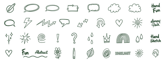 Hand-drawn elements pack doodle with speech bubbles, clouds, and abstract shapes for graphic design in different green and black colors vector illustration.