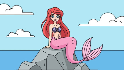 Colorful illustration of a mermaid sitting on a rock by the sea, with clouds in the background