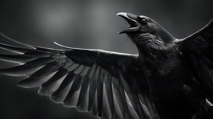 Obraz premium Majestic black raven with outstretched wings calling against dramatic dark background. Powerful corvid bird in flight showcasing detailed feather texture.