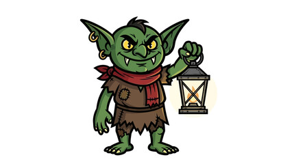 A mischievous goblin holding a lantern, showcasing its playful nature in a whimsical setting