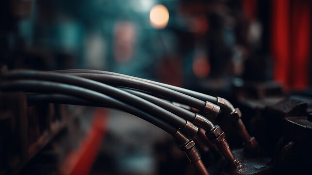 Low key photo of hydraulic pipes maintenance on heavy industry machine in garage, manufacturing equipment service in workshop, production machinery repair, dark atmospheric industr - Powered by Adobe
