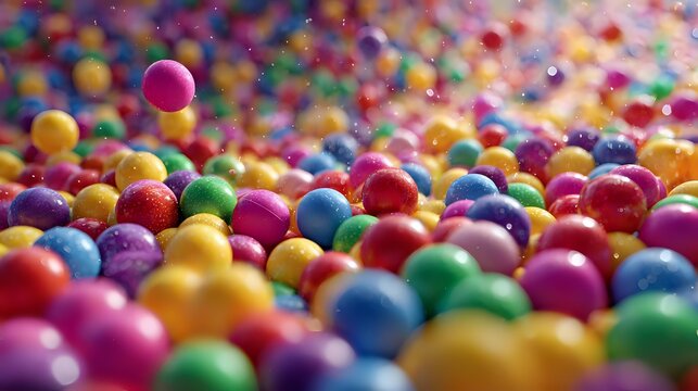 Colorful candy balls scattered across surface creating vibrant rainbow pattern. Sweet confectionery treats in multiple bright colors for party decorations.