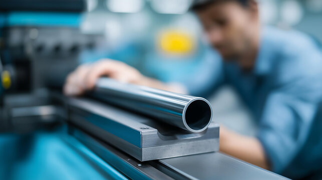 Faceless closeup view of hydraulic tube bending process as engineer closely watches machine bend thick metal tube for industrial or construction project, defocused worker monitorin