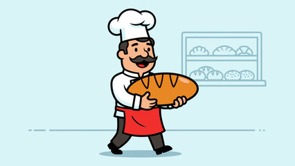Cartoon chef proudly carrying a freshly baked loaf of bread in a bakery setting