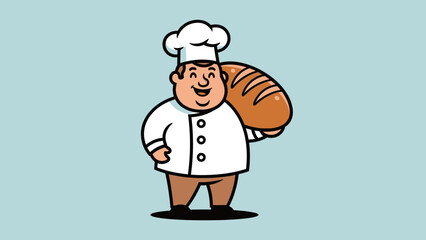 Cheerful baker holding a fresh loaf of bread, set against a light blue background