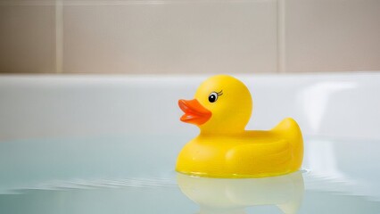 Bright Yellow Rubber Duck Floating in Bathtub Water