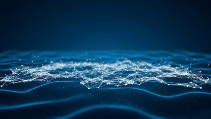 Abstract digital network with glowing connections over a dark blue wave background