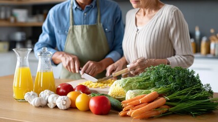 A cozy kitchen scene with two people preparing fresh ingredients, including vegetables and drinks, showcasing a vibrant cooking moment.