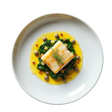 Gourmet pan roasted halibut fish fillet with caper sauce and spinach. delicious and elegant dinner presentation