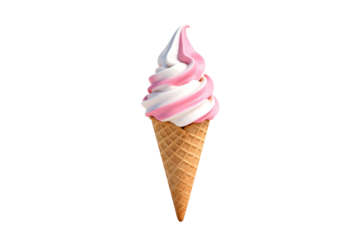 Delicious swirl of pink and white soft serve ice cream in a cone