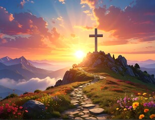 Sunrise over mountaintop cross (2)