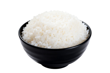 A bowl of white cooked rice in a black bowl