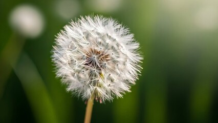 Close-up of a delicate dandelion seed head with fluffy white seeds on a blurred green background