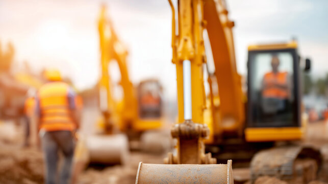 Faceless construction workers operating excavators at building site with heavy machinery, civil engineering operations, ground preparation work, defocused personnel with equipment,