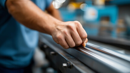 Faceless factory engineer operating and guiding hydraulic tube bending machine to shape metal pipes for industrial construction or infrastructure project, defocused worker controll