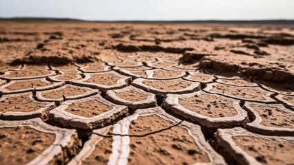 Obraz premium Close-up of Arid Cracked Earth Surface in Drought Conditions
