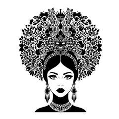 A striking black and white illustration of a woman adorned with an elaborate floral headdress and mask.