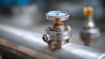 View of hydrostatic test of pressure cylindrical tank or pressure vessel and safety valve check valve and manometer, quality control inspection, industrial testing procedure, with