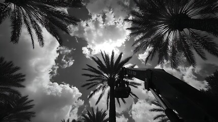 Black and white view looking up at palm trees and a lifting crane against cloudy sky