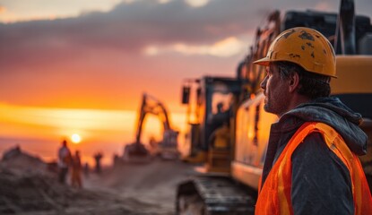 Construction worker wearing a yellow safety helmet and orange reflective vest at sunset on a construction site with heavy machinery