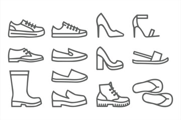 Collection of diverse footwear icons in a grid layout on a white background shoe