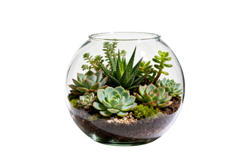 Beautiful glass terrarium with various succulent plants