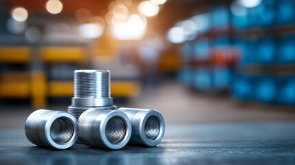 Steel fittings for hydraulic hoses with faceless industrial worker in warehouse in manufacturing factory banner, connection components, production facility inventory, defocused emp