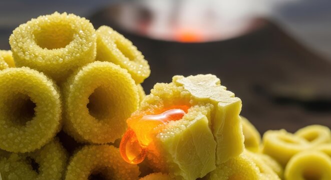 Close-up of yellow sulfur formations with a volcanic eruption in the blurry background, showing bright orange lava and steam rising - Powered by Adobe