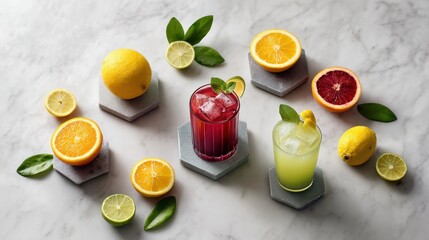 A vibrant display of citrus fruits and colorful cocktails on hexagonal coasters, showcasing refreshing drinks and a zestful aesthetic.