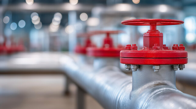 Industrial pipes and red valve equipment in modern facility with soft focus background, highlighting precision engineering and detail in waterworks system, defocused infrastructure