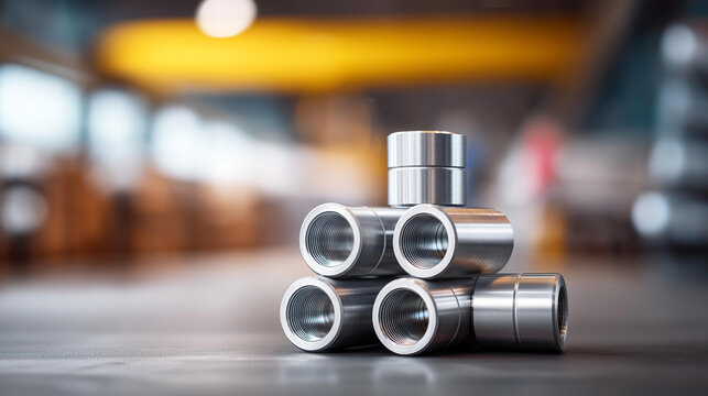 Steel fittings for hydraulic hoses with faceless industrial worker in warehouse in manufacturing factory banner, connection components, production facility inventory, defocused emp - Powered by Adobe