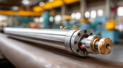 High-precision industrial hydraulic cylinder component in manufacturing environment with machinery and tools in background for engineering applications, production facility equipme
