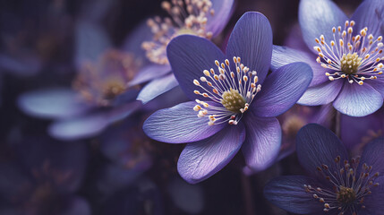 A close-up shot of elegant purple flowers in full bloom, revealing delicate petals and intricate details. The soft focus enhances the beauty of the blossoms, creating a serene and captivating scene