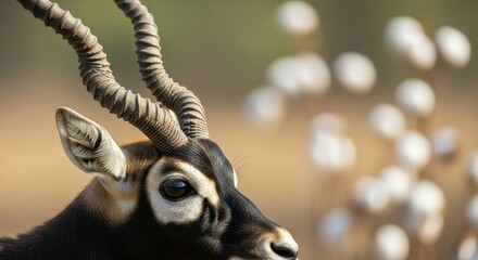 A close-up portrait showcases a blackbuck antelope with striking, spiraled horns against a blurred, golden-hued background. The animal's eye reflects a gentle light