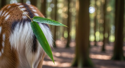 A spotted deer's rear with a green leaf tucked in its tail, against a blurred forest backdrop of tall trees and soft light. Focus is on the deer