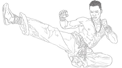 Black man, partially nude, mid-kick martial arts action drawing in stark line art style