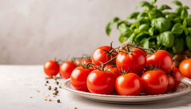 Vibrant cluster of fresh ripe red tomatoes on a white plate, garnished with green basil leaves and black peppercorns. Ideal for healthy recipes, Mediterranean cuisine, vegan meals, farm-to-table vibes