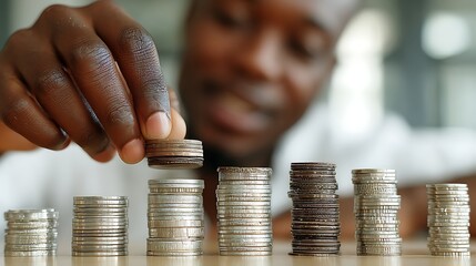 Black man's hand stacks coins, creating increasing stacks on a light-colored surface
