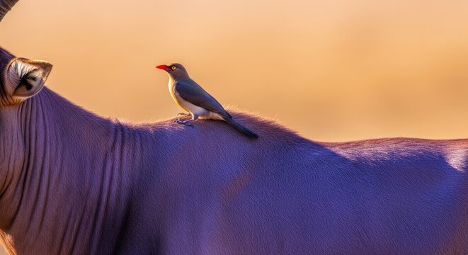 A small bird with a red beak perches on the back of a large, gray animal. The background is a soft, warm gradient of orange and yellow light, creating a serene, natural scene