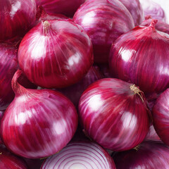 Red onions stacked together with textured skins and natural earthy tones. Suitable for farm-to-table concepts, market promotions, and fresh vegetable branding.