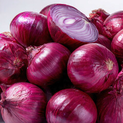 Fresh red onions arranged neatly with vibrant purple skins and natural shine. Ideal for culinary themes, recipe designs, farm produce ads, and healthy cooking visuals