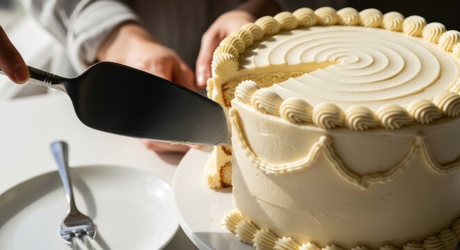Person using a server to cut and serve a slice of a decorated, round cake - Powered by Adobe
