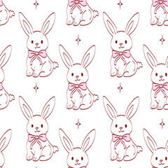 Fototapeta premium Cute cartoon rabbits with bows on a white background in a repeated pattern suitable for various designs and crafts