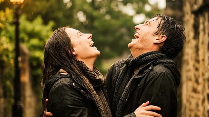 A joyful couple laughing together in the rain, sharing a spontaneous and romantic moment filled with warmth, connection, and carefree happiness.