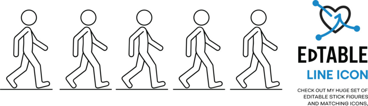Five stick figures walking in a line next to an editable line icon logo person people